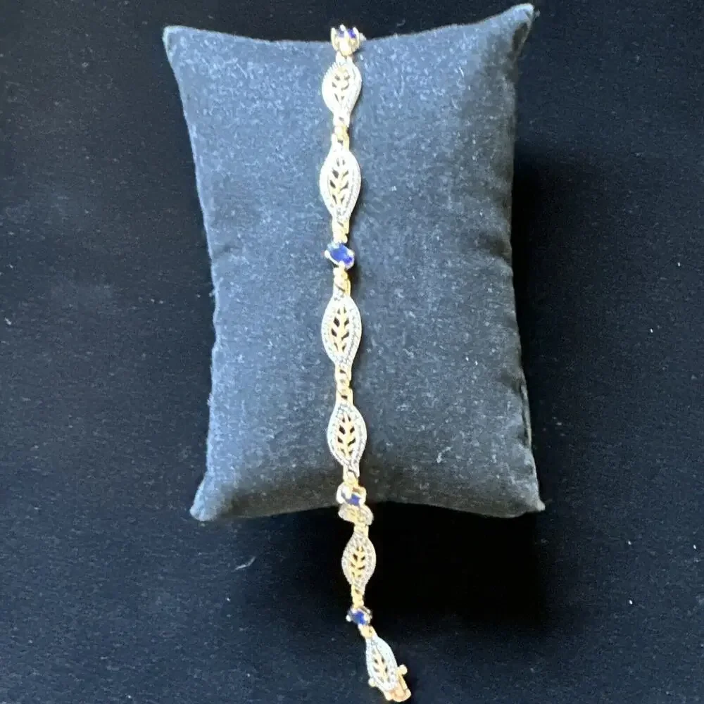 SIGNED DL Gold Plated Sterling 925 Filigree Sapphire Blue Crystals 7.5” Bracelet - Picture 2 of 12